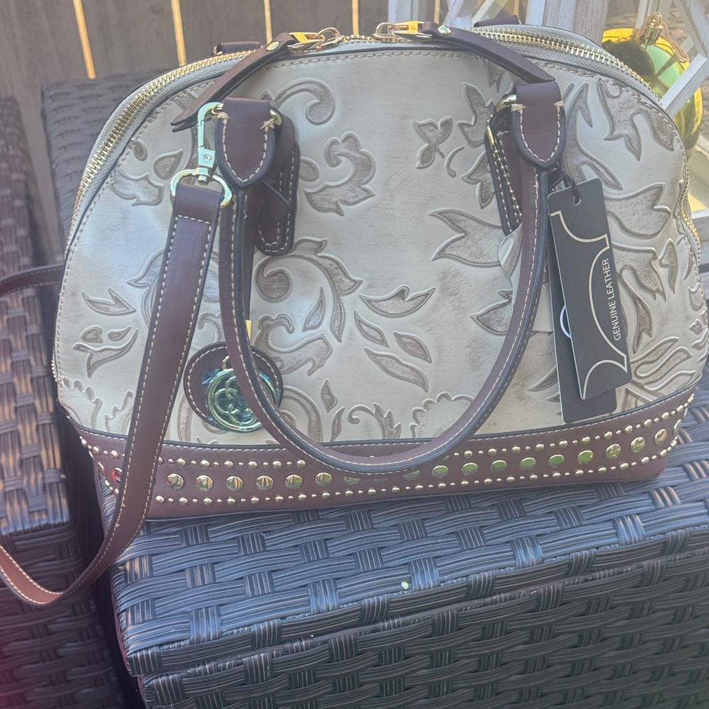 Chic Embossed Satchel with Brown Trim